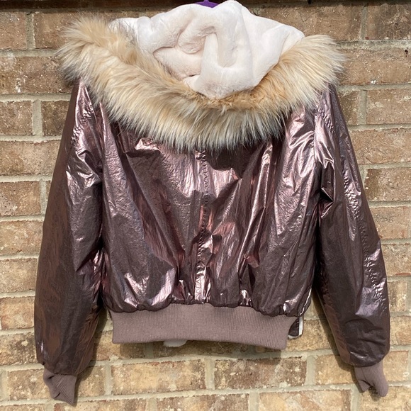 Ramy Brook Julian Reversible Jacket Faux Fur& Rose Gold Metallic Bomber Small - Picture 11 of 14
